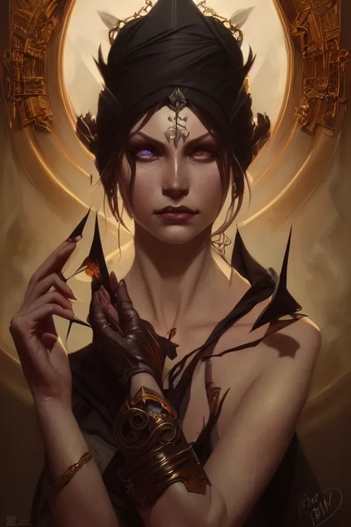 Prompt: dark fantasy, evil magician portrait, dark surrealist , fantasy, intricate, elegant, highly detailed, digital painting, artstation, concept art, smooth, sharp focus, illustration, art by artgerm and greg rutkowski and alphonse mucha