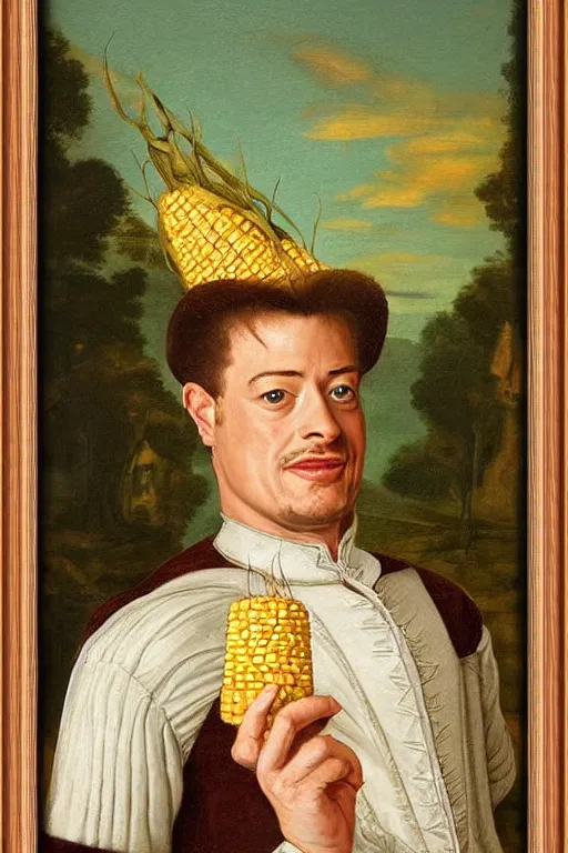 Image similar to a 1 6 0 0 s framed portrait painting of brendan fraser holding corn, intricate, elegant, highly detailed