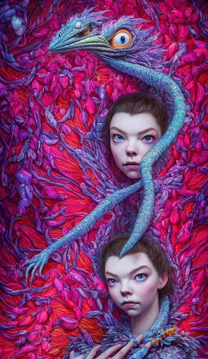 Prompt: hyper detailed 3d render like a Oil painting - kawaii portrait Aurora (a beautiful skeksis queen from dark crystal that looks like Anya Taylor-Joy) seen red carpet photoshoot in UVIVF posing in scaly dress to Eat of the Strangling network of yellowcake aerochrome and milky Fruit and His delicate Hands hold of gossamer polyp blossoms bring iridescent fungal flowers whose spores black the foolish stars by Jacek Yerka, Ilya Kuvshinov, Mariusz Lewandowski, Houdini algorithmic generative render, Abstract brush strokes, Masterpiece, Edward Hopper and James Gilleard, Zdzislaw Beksinski, Mark Ryden, Wolfgang Lettl, hints of Yayoi Kasuma, octane render, 8k
