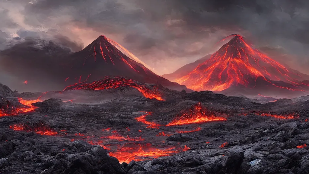 Prompt: a landscape painting of mordor, with mount doom in the background, by james paick, emmanuel shiu, jordan grimmer, sharp mountain ridges, lava, dark ominous skies