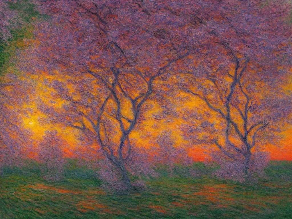 Prompt: trending on artstation, beautiful cherry trees during sunset, in the style of Claude Monet