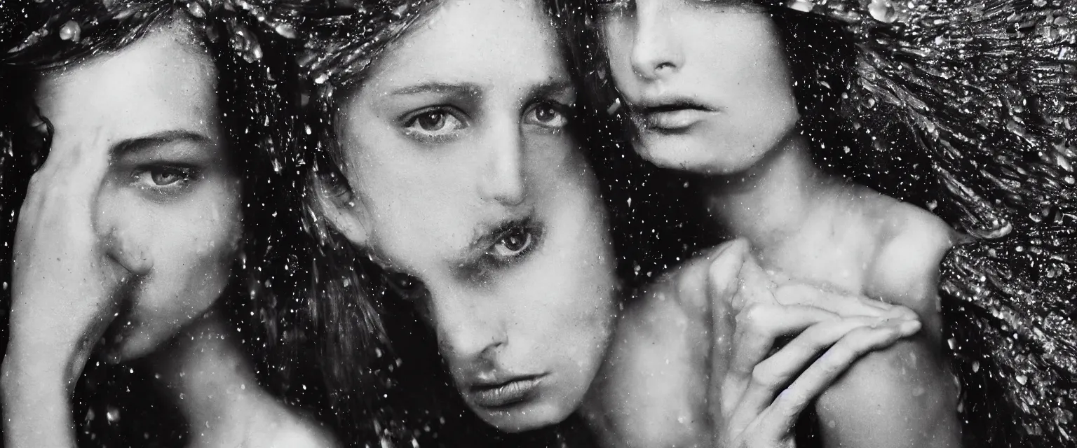 Image similar to fashion model close up in the rain at night by avedon