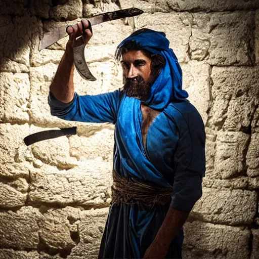 Prompt: award winning cinematic still of nighttime with 40 year old Mediterranean skinned man in Ancient Canaanite clothing fixing a ruined, crumbled wall in Jerusalem, holding a sword, dramatic lighting, nighttime, strong shadows, bold color contrast, action movie stills