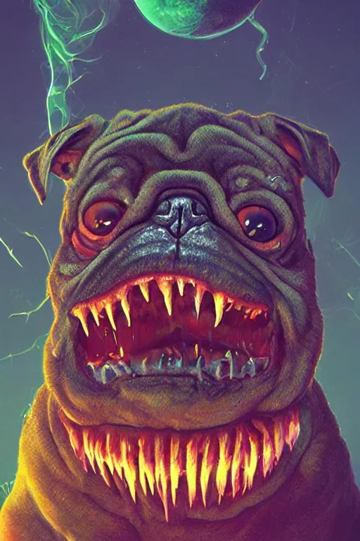 Image similar to demon pug eating flesh. art by mike winkelmann, sticker, illustration, highly detailed, artstation