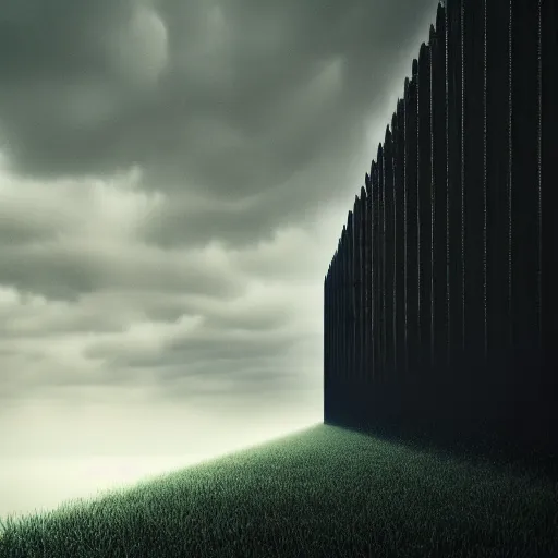 Image similar to an endless very tall wall far away. in a field, dramatic lighting. cloudscape, dystopian, grim, dark, full frame camera, 1 9 9 0 s, award - winning photograph, octane render, 4 k