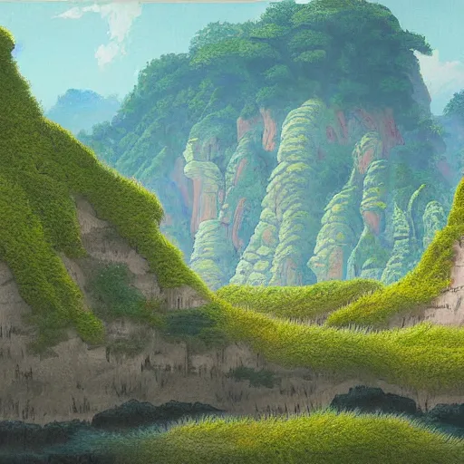 Image similar to detailed painting of a lush natural scene on an alien planet by tojiro oshita. beautiful landscape. weird vegetation. cliffs and water.