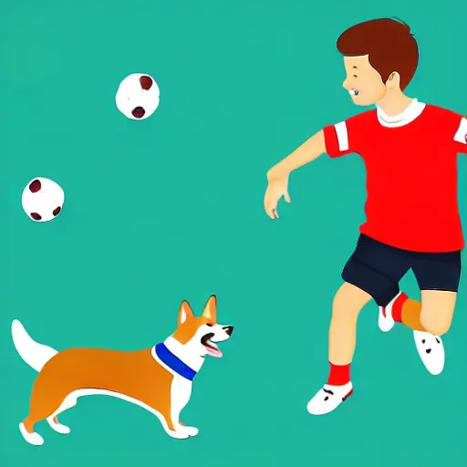 Image similar to illustration of french boy in paris playing football against a corgi who is wearing a polka dot scarf