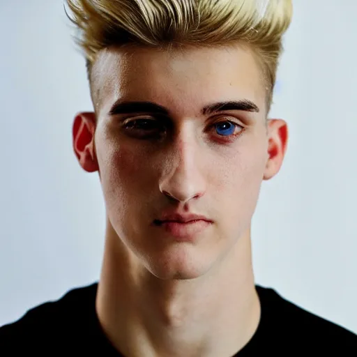 Prompt: an close - up photo of an american 2 0 yo man wearing a white shirt and black tracksuit, blonde hair, hazel eyes, small blond goatee, biggish nose, 1 7 0 lbs
