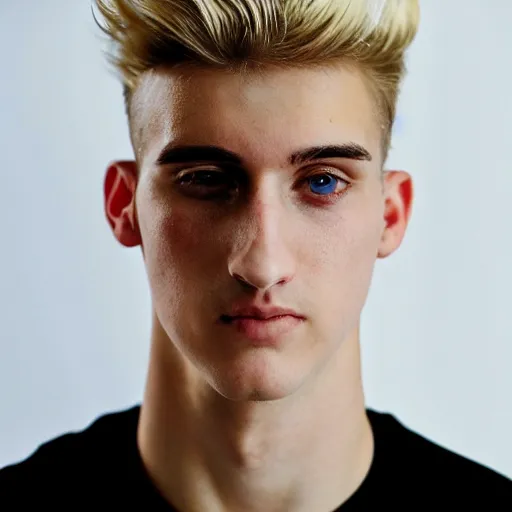 Image similar to an close - up photo of an american 2 0 yo man wearing a white shirt and black tracksuit, blonde hair, hazel eyes, small blond goatee, biggish nose, 1 7 0 lbs