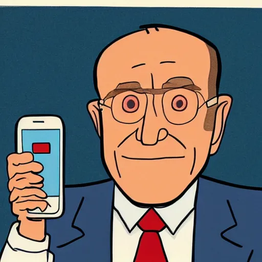 Image similar to close - up portrait of rudy giuliani showing how cell phone, by chris ware