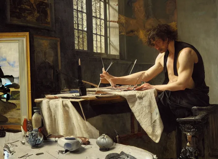 Image similar to an exhausted painter in his studio painting a picture of a penguin, by edgar maxence and caravaggio and michael whelan and delacroix style, artistic, intricate drawing, cinematic lighting, hyper realistic, extremely detailed, establishing shot, 8 k resolution, dramatic lighting