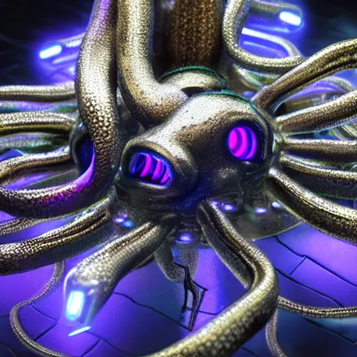 Prompt: an extremely high quality 8 k 3 d render of a metallic cyberpunk neon octopus with polished, highly reflective highly detailed, clean, sharp, crisp clean shapes, cast glass, brushed metal, symmetry, mercury, chrome, obsidian, highly detailed, tentacles, high detail, very aesthetically pleasing