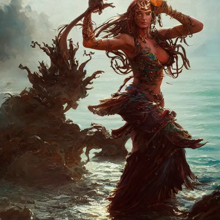 Image similar to sea witch pirate casting a spell in the water, d & d style, trending on artstation, intricate, highly detailed, vivid painting, colorful, art by greg rutkowski