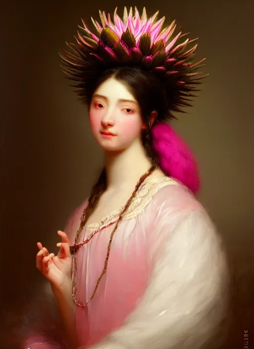 Image similar to stunning corean godess princess, detailed pink and white protea head peace against a black backdrop by ivan aivazovsky, wlop, super sharp details, photorealism, 5 0 mm lens, oil painting, beautiful soft lighting, muted colours, artstation