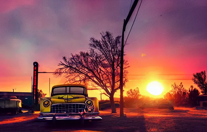Image similar to A sunset light landscape with historical route66, lots of sparkling details and sun ray’s, blinding backlight, smoke, volumetric lighting, colorful, octane, 35 mm, abandoned gas station, old rusty pickup-truck, beautiful epic colored reflections, very colorful heavenly, softlight