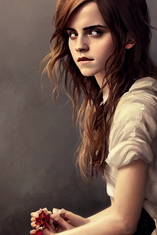 Prompt: emma watson by greg rutkowski, cinematic lights, highly detailed, digital painting, artstation, smooth, sharp focus illustration, artstation hq. intricate, elegant. art by wlop and artgerm and greg rutkowski, alphonse mucha, medium shot. dan mumford, tomokazu matsuyama, takato yamamoto, 8 5 mm