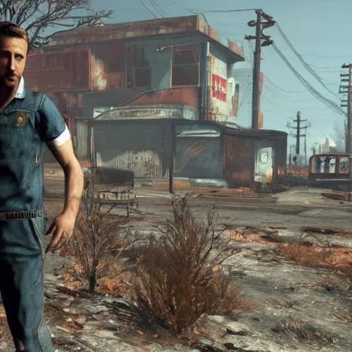 Prompt: ryan gosling in fallout 4 sneaks