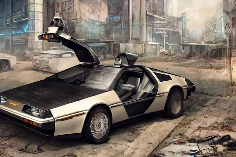 Image similar to highly detailed photorealistic rendering of a delorean parked on the streets of a cyberpunk abandoned city, driver side gullwing door is open, futuristic post - apocalyptic vibe, by greg rutkowski and stanley artgerm and alphonse mucha, octane, sharp focus, hyperrealistic, unreal engine 5, vray, masterpiece