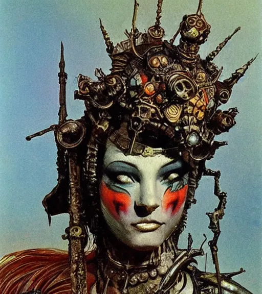 Image similar to empress of the wasteland, scrap metal headdress, strong line, deep color, high contrast, beautiful! coherent! by brian froud, by frank frazetta, low angle