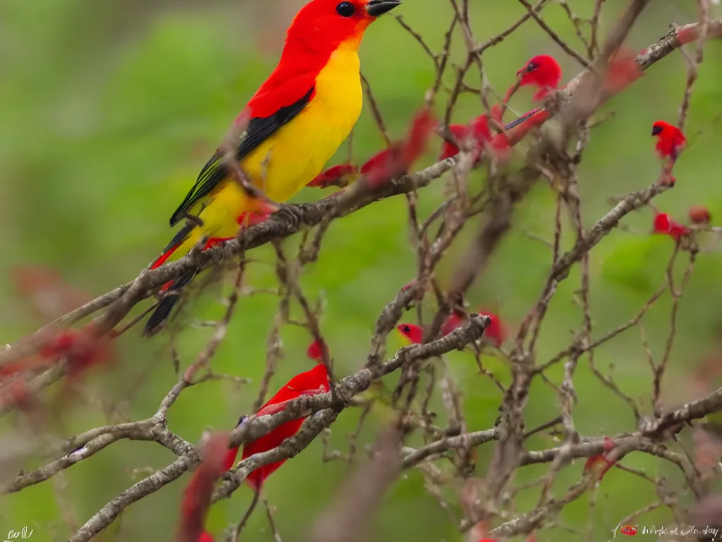 Prompt: A photograph of a Scarlet Tanager,red plumage,photograph .560mm,ISO400,F/9,1/320,Canon EOS 7D Mark II.