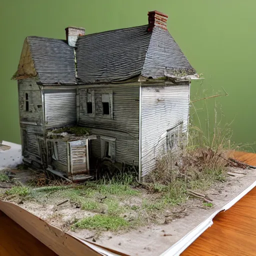 Prompt: a scale model of an abandoned house overtaken by nature sitting on a table inside of the same house