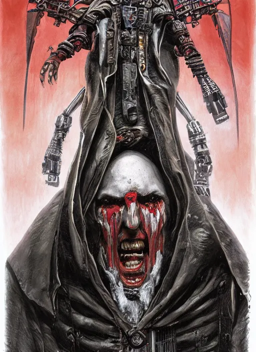 Image similar to portrait of rotten Nicolas Cage as adeptus mechanicus in red hood and robe from Warhammer 40000. Highly detailed, artstation, illustration by and John Blanche and zdislav beksinski and wayne barlowe