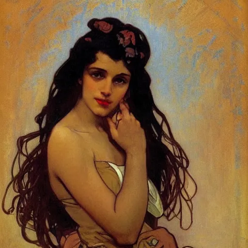 Prompt: beautiful brown skin girl with pouty lips by alphonse mucha and greg manchess