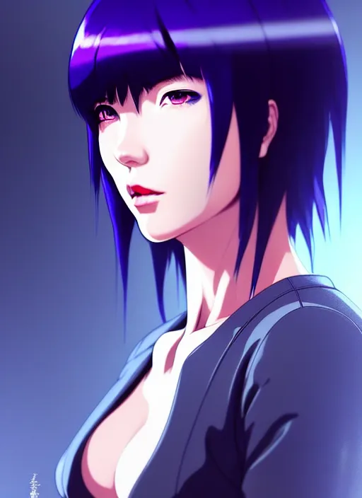 Image similar to a film still portrait of a motoko kusanagi ghost in the shell, finely detailed features, closeup at the faces, perfect art, at a cyberpunk city, gapmoe yandere grimdark, trending on pixiv fanbox, by ilya kuvshinov, rossdraws, artgerm