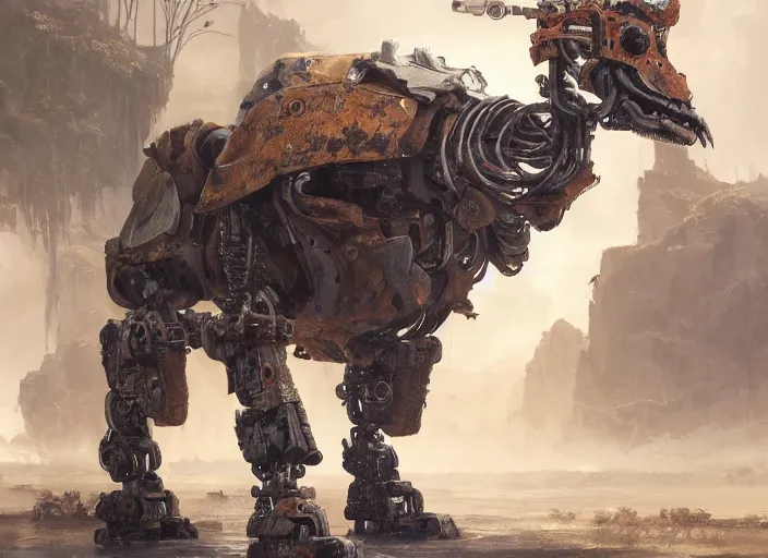 Image similar to detailed full body concept art illustration oil painting of a robotic animal with intricate fur and armor, ultra detailed, digital art, octane render, dystopian, zero dawn, 4k