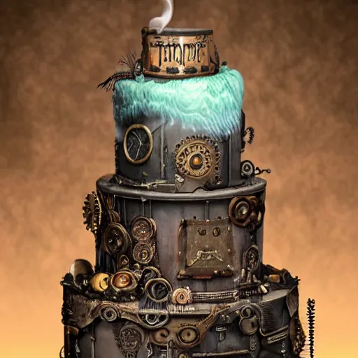 Image similar to a beautiful detailed 3 d matte portrait of a steam punk birthday cake, ominous, magical realism, texture, intricate, whirling smoke radiant colors, fantasy, volumetric lighting, high details