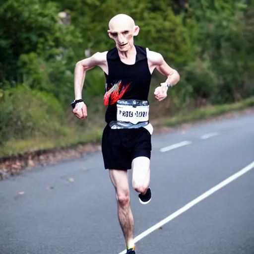 Prompt: portrait of nosferatu running a marathon, sport photography