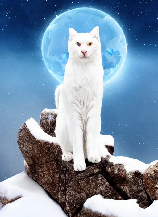 Image similar to giant white cat on a snowy mountain with lightning coming out of its hands, blue sky background with moon