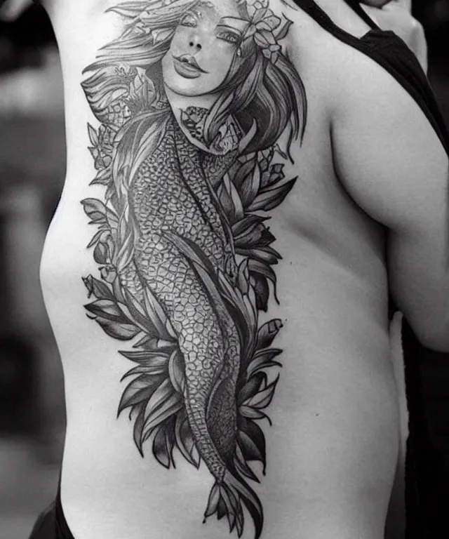 Image similar to black and white tattoo, beautiful mermaid, full body