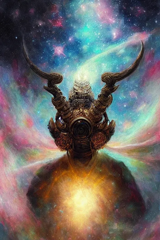 Prompt: breathtaking detailed soft painting of a celestial being in stars and galaxy, gauze dress of fireflies and kabuto helm with big horns, rembrandt style, intricated ribbons of light, hall of ancient nature kings, in a nebulae galaxy in flames, elegant, highly detailed, artstation, concept art, matte, sharp focus, art by Anato Finnstark, Artgem and Greg Rutkowski