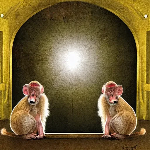 Image similar to two macaques looking at each other inside victorian mansion, digital art, soft shadows, creepy art, sun flare