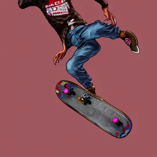 Prompt: Full body portrait of a skater ostrich, digital painting, highly detailed, retro, artstation, concept art, smooth, sharp focus, illustration