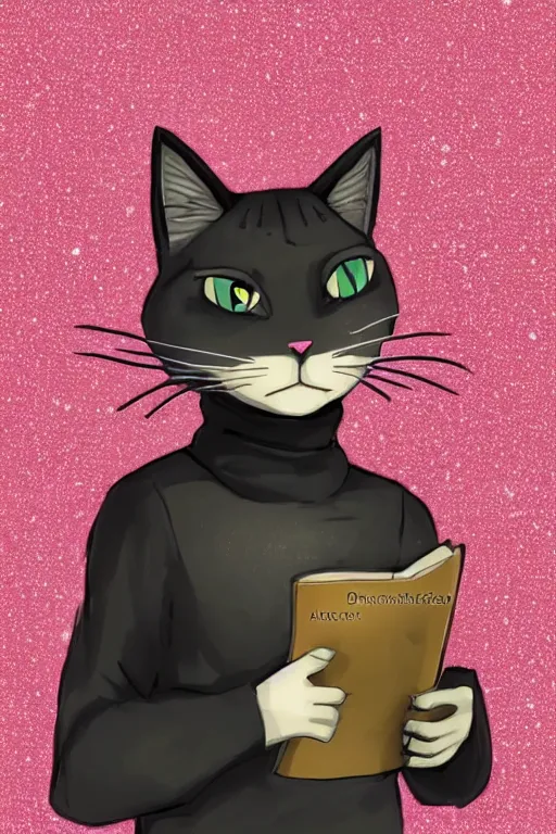 Prompt: a bust portrait of an anthropomorphic scholar cat in a black turtleneck pullover in front of a galaxy wallpaper, by kawacy, trending on pixiv, anime, furry art, trending on furaffinity