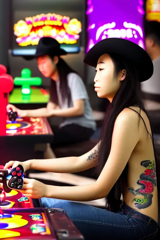 Prompt: full view, from a distance, of taiwanese girl with tattoos, wearing a cowboy hat, playing video games in arcade, highly detailed