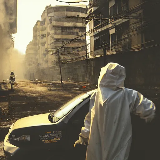 Image similar to a photo of a female wearing a hazmat suit, riding a bike, side-view, smoke in the background, filthy streets, broken cars. Vines growing. Jpeg artifacts. Full-color photo. Color color color color color. Award-winning photo. OM system 12–40mm PRO II 40mm, 1/100 sec, f/2 8, ISO 800