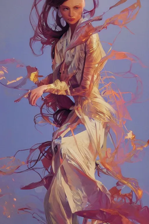 Prompt: an hyper intricate oil painting of gen z model wearing a fashion outfit wearing a clean t - shirt, full body ultra fashion model pose by vogue, excellent composition, by yoshitaka amano, by greg rutkowski, by alphonse mucha, by rhads, by ross tran, trending on artstation