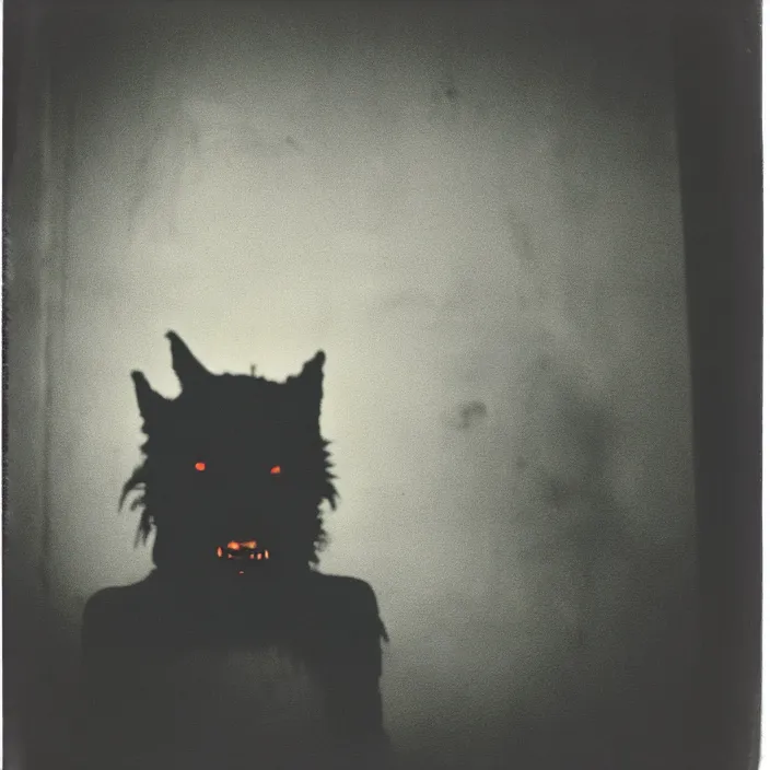 Prompt: a terrifying uncanny werewolf staring right into the camera, polaroid, 3 5 mm, film shot, horror, dark, shadows, creepy