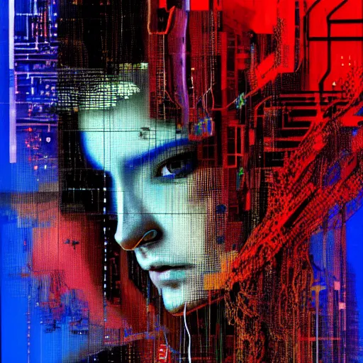 Prompt: hyperrealistic portrait of a mysterious cyberpunk woman with flowing hair, by Guy Denning, Johannes Itten, Russ Mills, glitch art, hacking effects, glitch effects, digital tech effects, cybernetics, detailed lines, holographic, chromatic, color blocking, digital painting, octane, concept art, abstract, red face, 8k, trending on cgsociety, trending on artstation