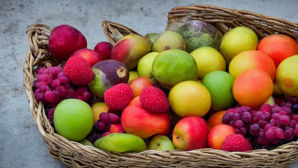 Prompt: a basket of fruites aperture f / 1 4