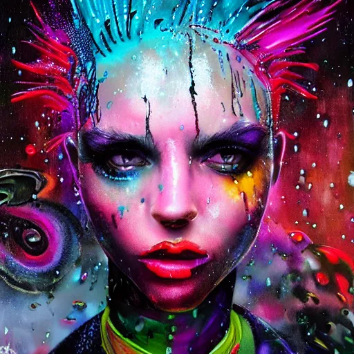 Image similar to splashes of neon galaxies, mowhawk, punk women portrait made out of paint with rain in the background, trending on artstation, epic composition, emotional, beautiful, rendered in octane, highly detailed, realistic, tim burton comic book art, sharp focus, unreal engine