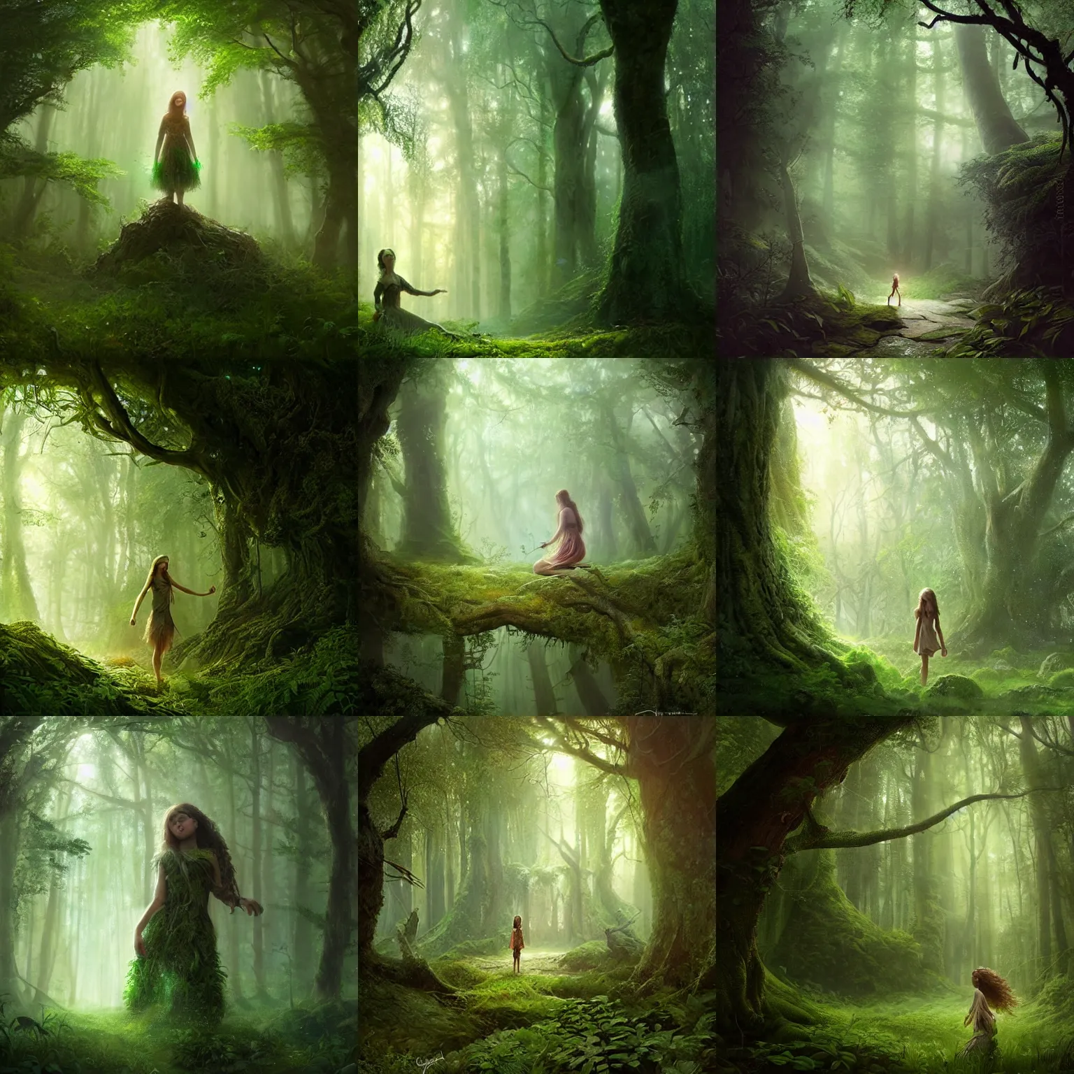 Prompt: young girl dryad in an enchanted forest. green atmospheric lighting. highly detailed matte painting by greg rutkowski.