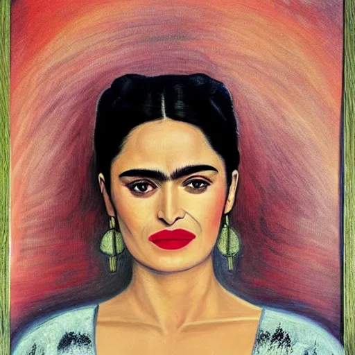 Prompt: salma hayek portrait, style by frida kahlo, art deco, portrait,