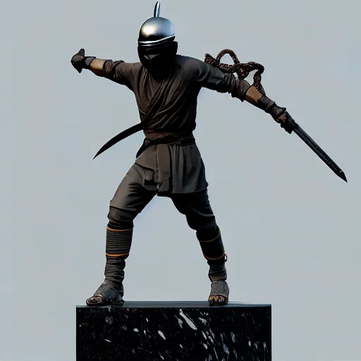 Prompt: 3 d octane rendering of marble and chrome statue of ninja wearing full face mask and hunter hat, vfx art, sharp, detailed, pinterest, unreal engine, behance, technological, octane render