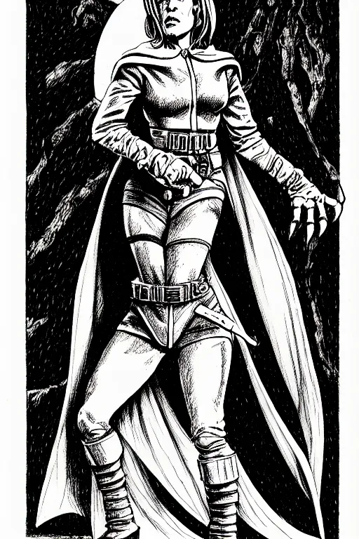 Prompt: dana scully as a d & d monster, full body, pen - and - ink illustration, etching, by russ nicholson, david a trampier, larry elmore, 1 9 8 1, hq scan, intricate details, stylized border