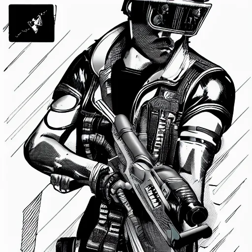 Image similar to male cyberpunk wearing a cyberpunk headset and tactical gear. In style of travis charest and laurie greasley, detailed