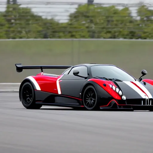 Prompt: Black with red striped Pagani Zonda R cornering on a racetrack